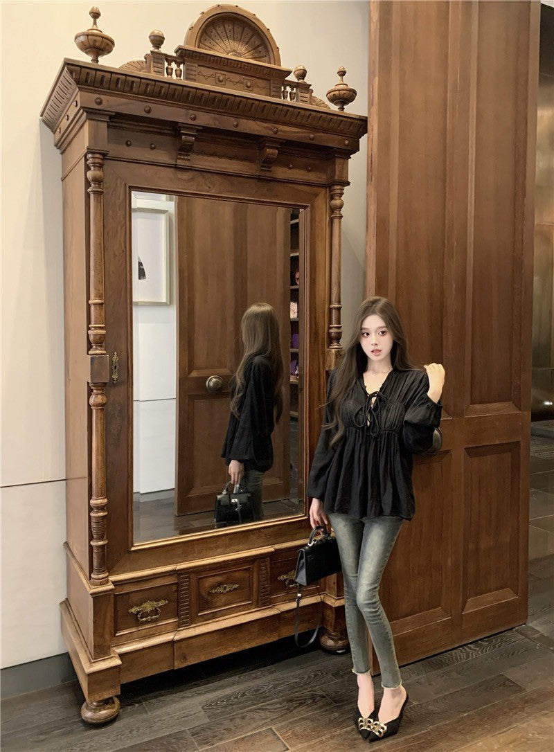 Na+ 法式氣質純色燈籠袖綁帶襯衫上衣 黑