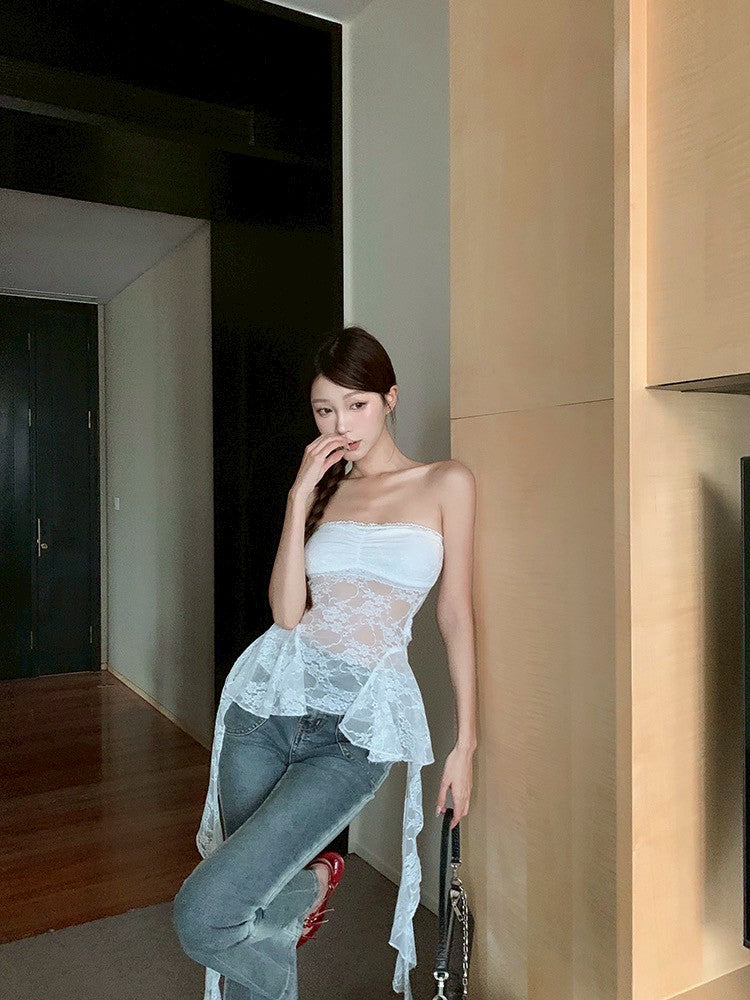 Na+ 帶胸墊半透蕾絲性感抹胸 白