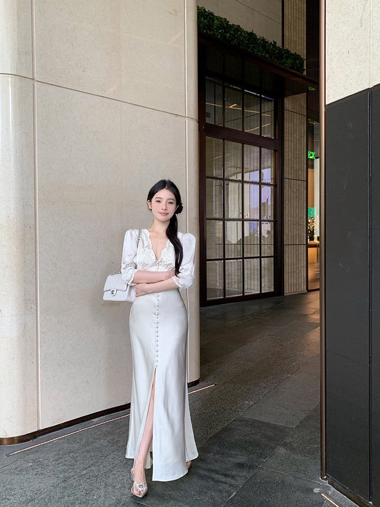 ''Na+''歲月靜好 氣質緞面公主蕾絲花拼接法式連身裙