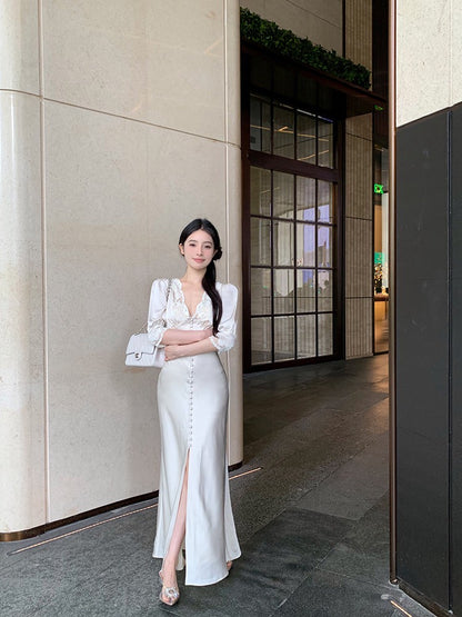 ''Na+''歲月靜好 氣質緞面公主蕾絲花拼接法式連身裙
