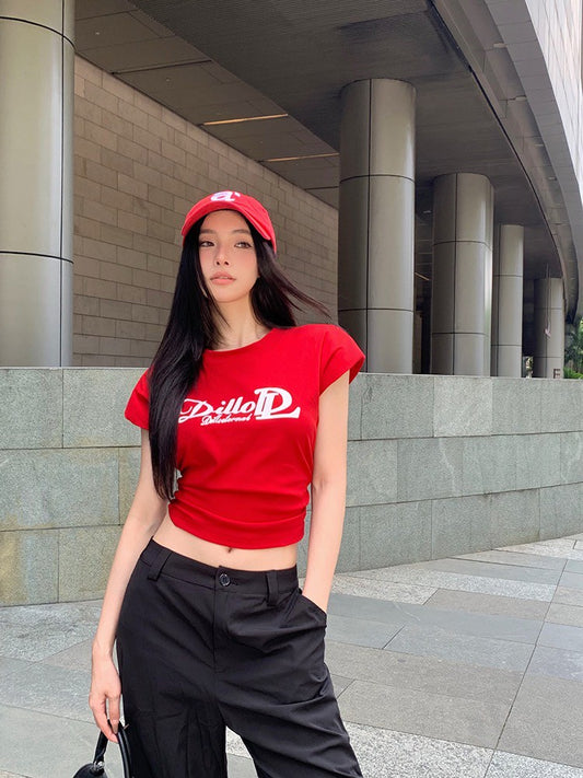 ''Na+''美式DL墊肩收腰字母辣妹上衣 紅