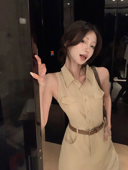 ''Na+''復古回潮 日常通勤polo領排扣連身裙 卡其