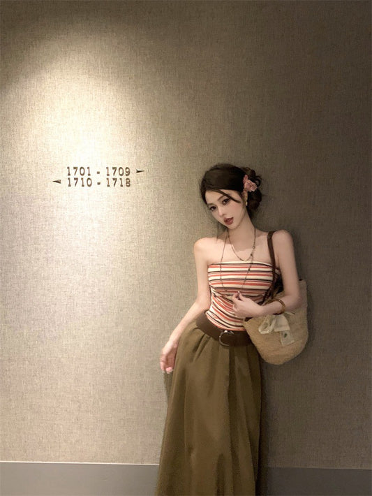 NA+ 嬉痞彩色條紋抹胸 大傘裙擺半身裙