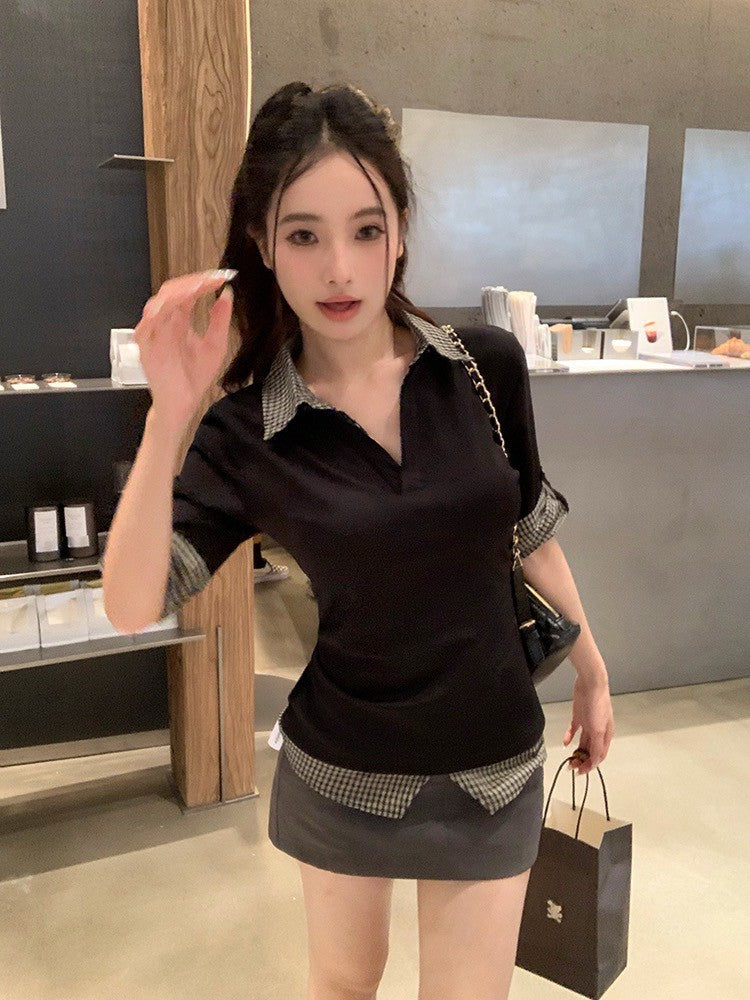 ''Na+''知性乖乖牌 polo拼色假兩件式簡約上衣