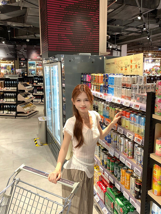 NA+ 氣質羊駝毛微透蕾絲拼接上衣 米色/裸粉色