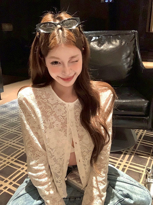 NA+ 緹花曼波縷空針織花圓領外套