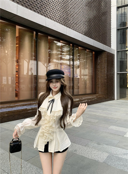 NA+ 法式女爵 宮廷蕾絲荷葉收腰襯衫