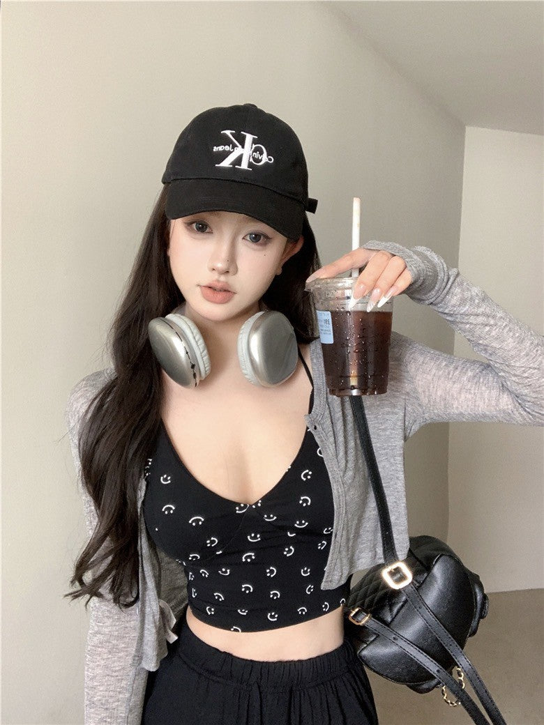 Na+ 辣妹夏日笑臉印花吊帶 開衫2件套