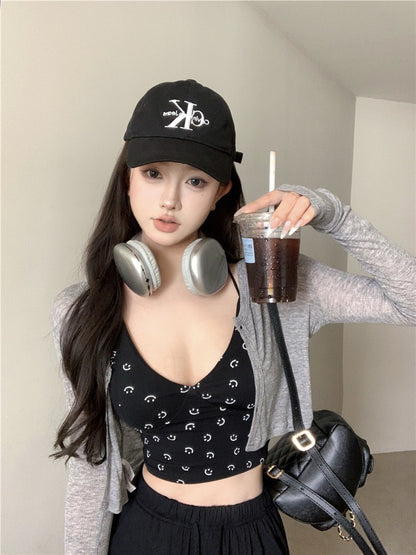 Na+ 辣妹夏日笑臉印花吊帶 開衫2件套