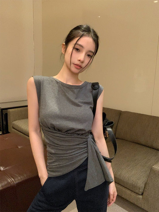 ''Na+''霸道跩姐 個性抓皺收腰圓領上衣 灰