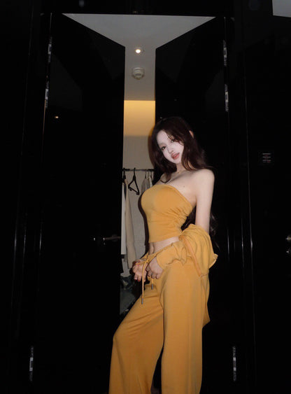 NA+ 歐美女 休閒時髦抹胸收腰外套套裝 抽繩休閒褲 黃