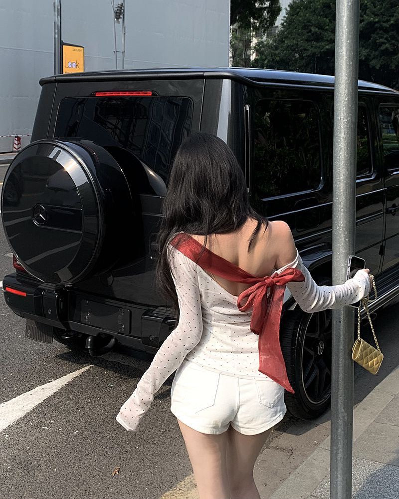 NA+ 愛心波點美感蝴蝶結綁帶上衣