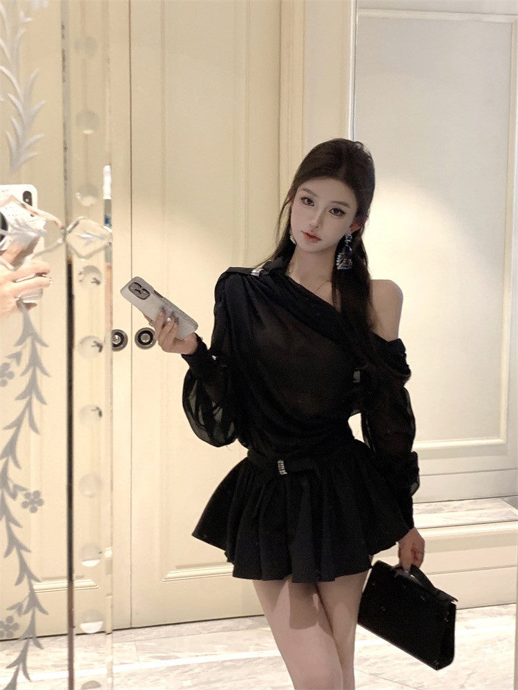 NA+ 法式白月光斜肩半透雪紡褶皺上衣花苞套裝 黑