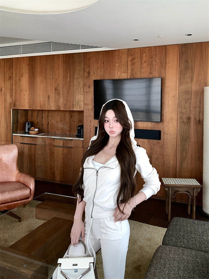 NA+ 休閒穿 毛巾料連帽修身外套/抽繩喇叭褲 米白/深灰