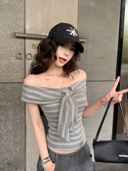 NA+ 簡約條紋多穿法!背心扭結上衣 灰