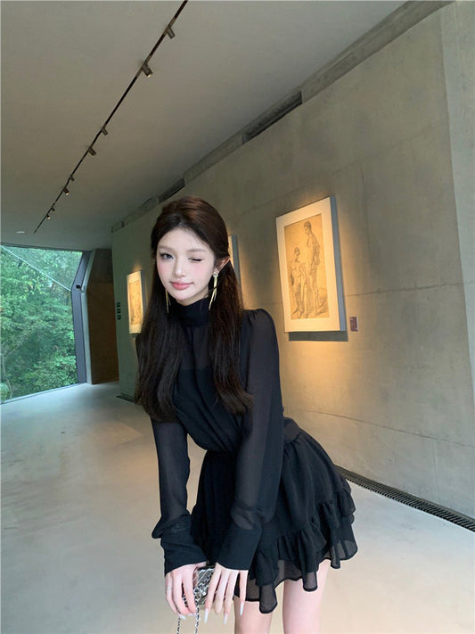 NA+ 超人氣主播透紗2件式上衣 荷葉半身裙 黑