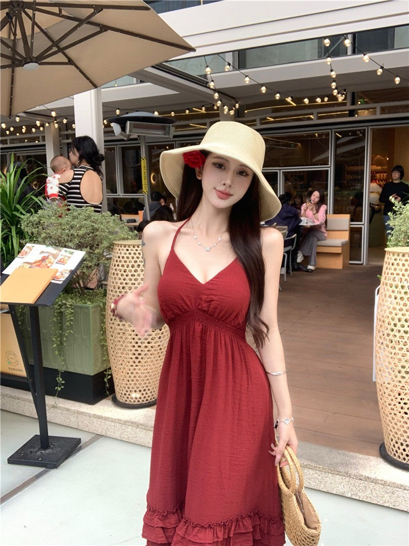 Na+復古度假V領收腰垂墜顯瘦洋裝 酒紅