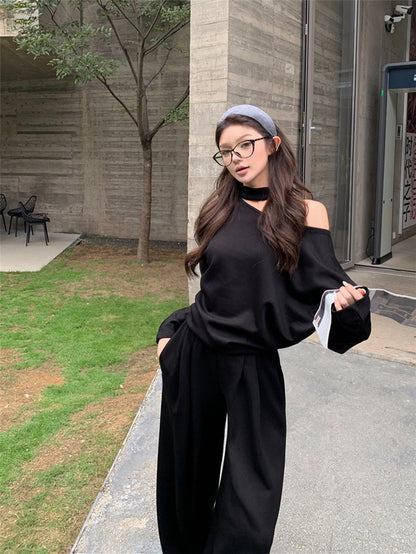 NA+ 美式鬆弛 不規則露肩衛衣 休閒褲 黑