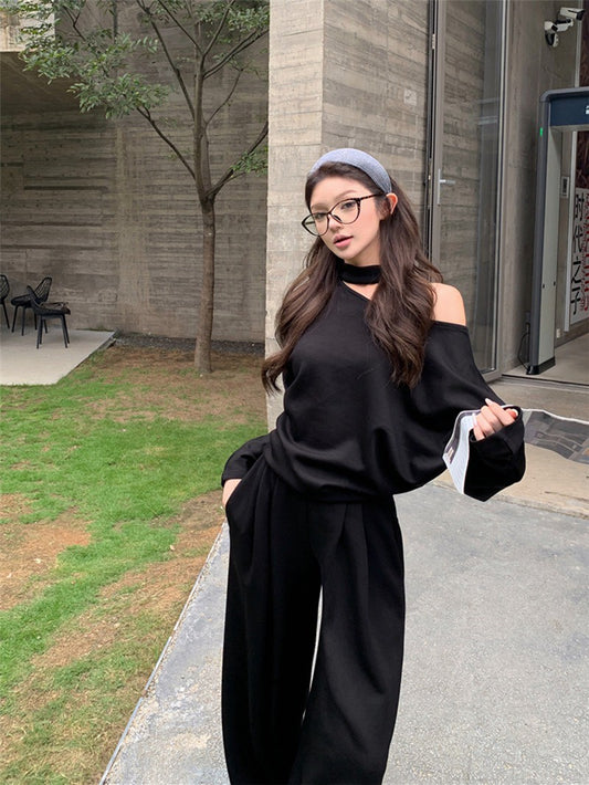 NA+ 美式鬆弛 不規則露肩衛衣 休閒褲 黑
