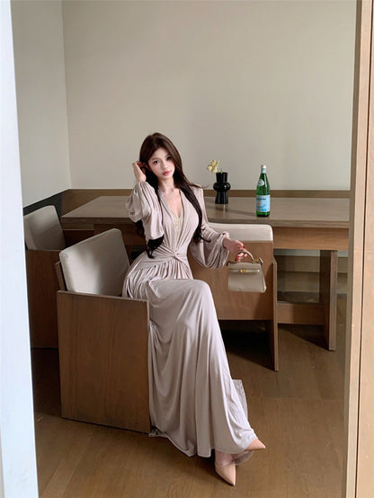 NA+ 淡香純慾蕾絲扭結拼接長款連身裙 奶茶