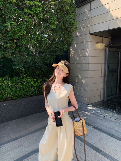 NA+ 本期主打 慵懶雙面穿上衣/不規則修身休閒褲 米杏/藍