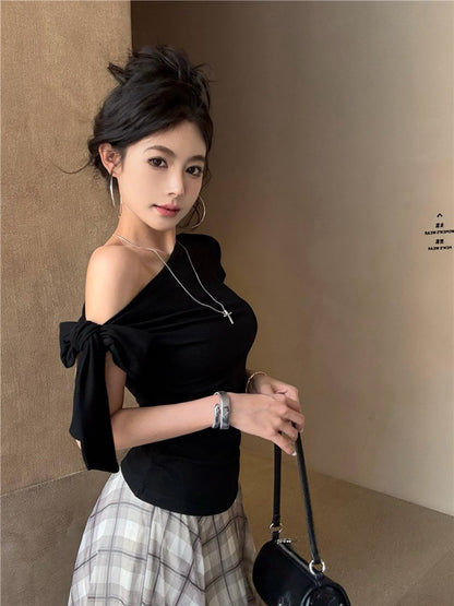 NA+ 隨心搭一套 斜肩綁帶黑色上衣 格紋百搭半身裙