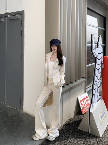 NA+ 巨瘦韓系搭收腰立領外套 微喇叭抽繩休閒褲 米