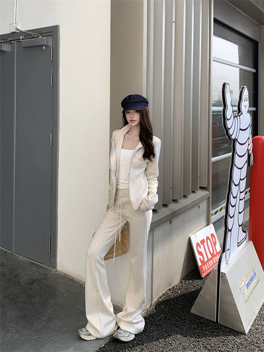 NA+ 巨瘦韓系搭收腰立領外套 微喇叭抽繩休閒褲 米