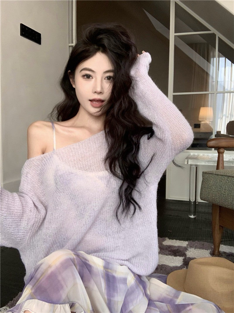 Na+ 溫柔紫調 復古格紋不規則裙擺連身裙 疊穿罩衫