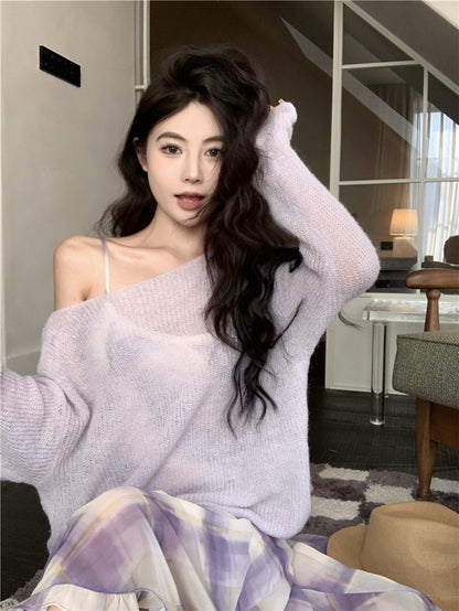 Na+ 溫柔紫調 復古格紋不規則裙擺連身裙 疊穿罩衫