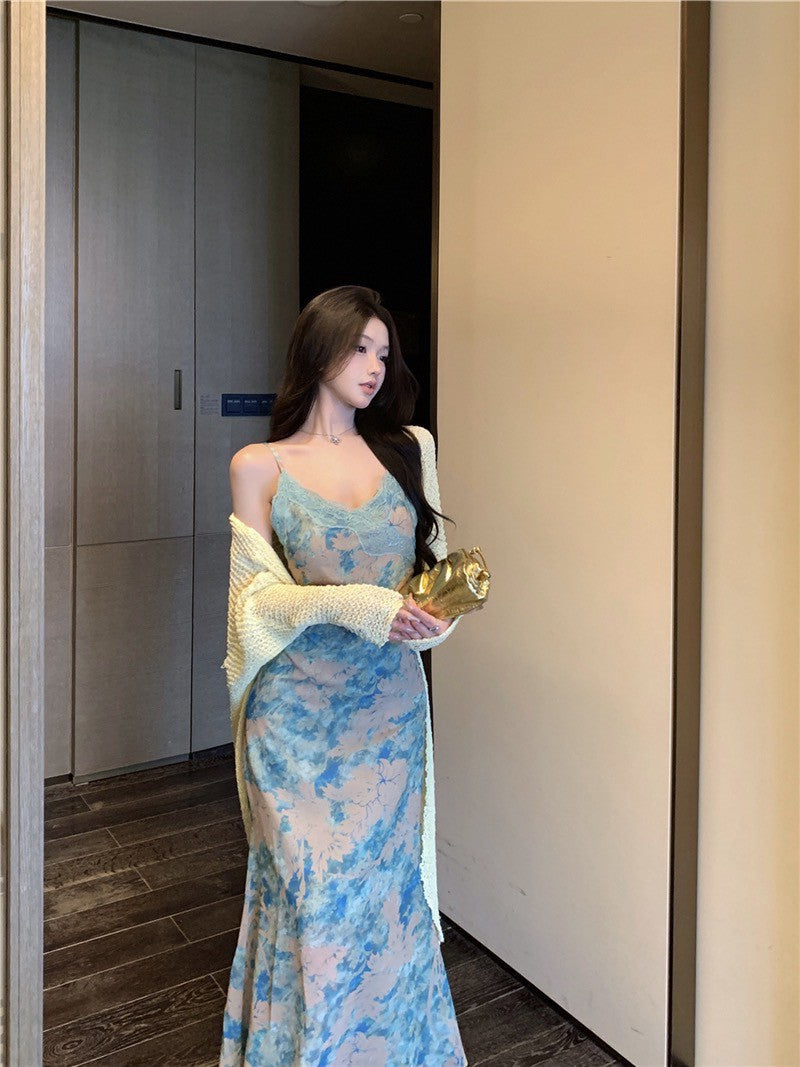 NA+ 斜裁花青綠暈染蕾絲連身裙 針織開衫