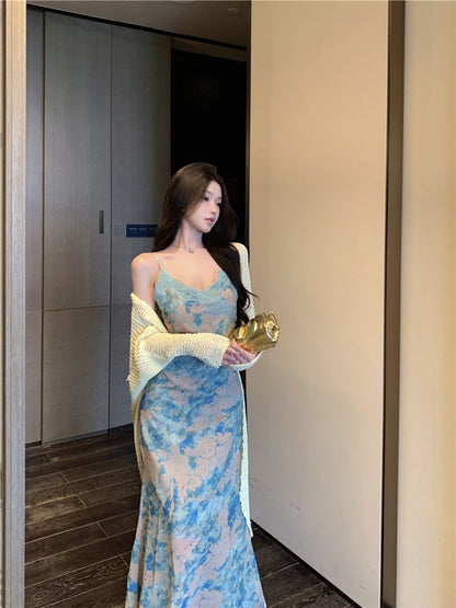 NA+ 斜裁花青綠暈染蕾絲連身裙 針織開衫