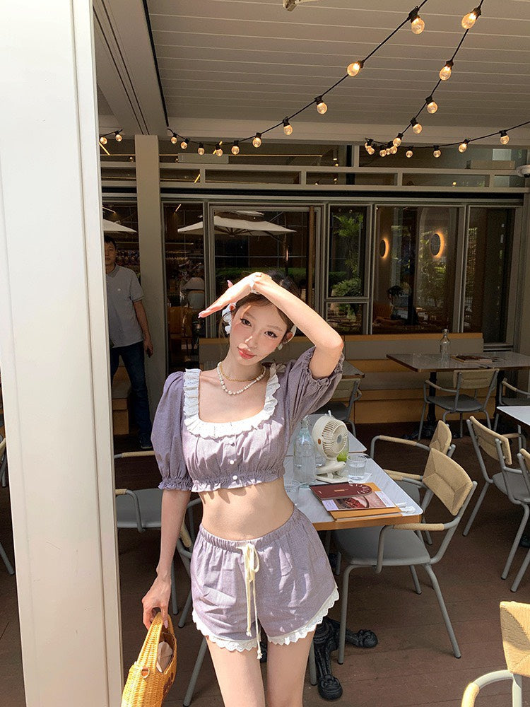 NA+ 法式lazy girl 方領格紋拼接短款上衣 花邊休閒短褲