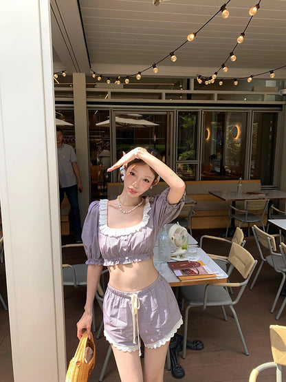 NA+ 法式lazy girl 方領格紋拼接短款上衣 花邊休閒短褲