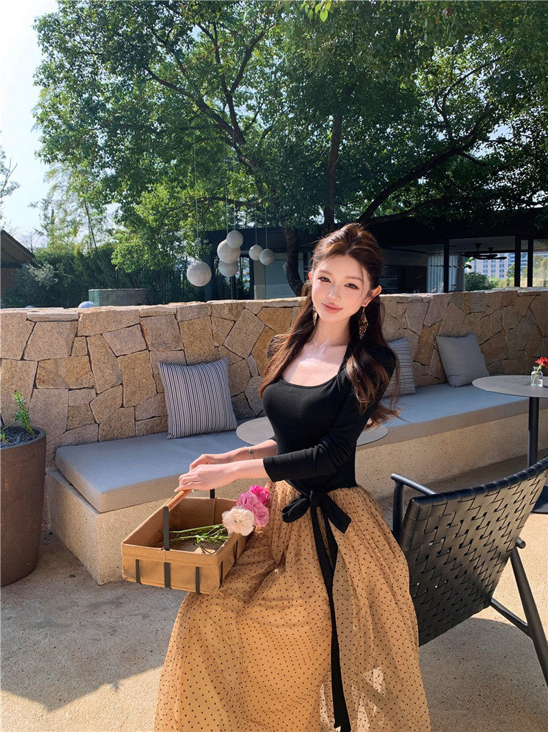 NA+ 許妍千金 蝴蝶綁帶復古撞色連身裙