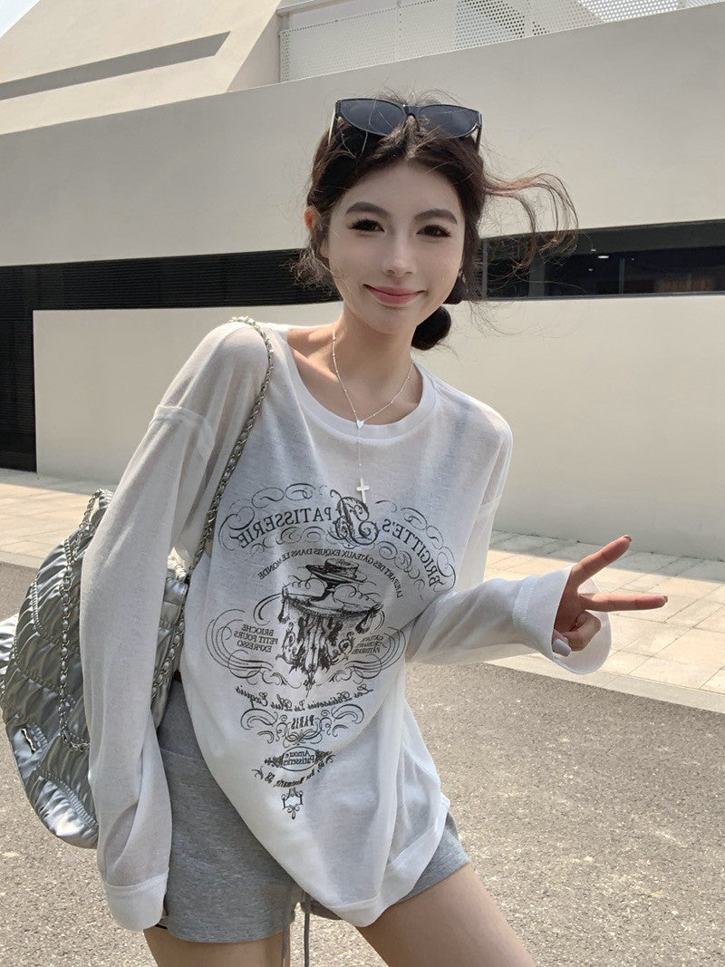 Na+ 俏皮防曬模式 圓領美式印花上袖上衣 白