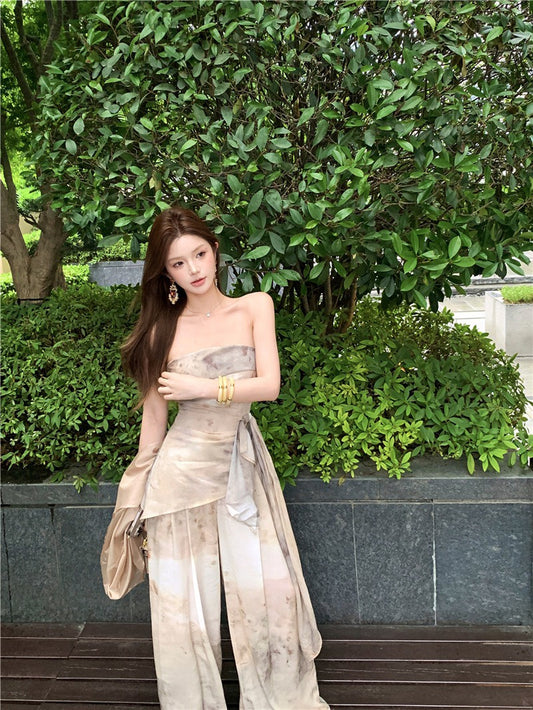 NA+ 米蘭假日 高雅抹胸側飄帶休閒褲套裝 暈染咖