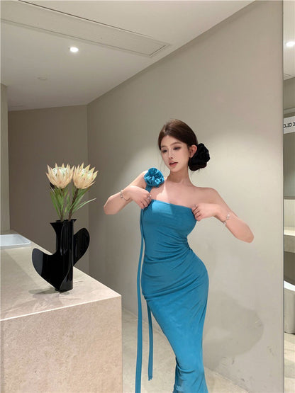 NA+ 復古女神裙飄繩立體花帶抹胸連身裙