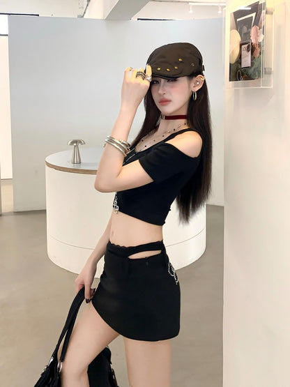 NA+ 性感假兩件燙鑽中低腰半身裙 黑/灰/白（加購價不單售）