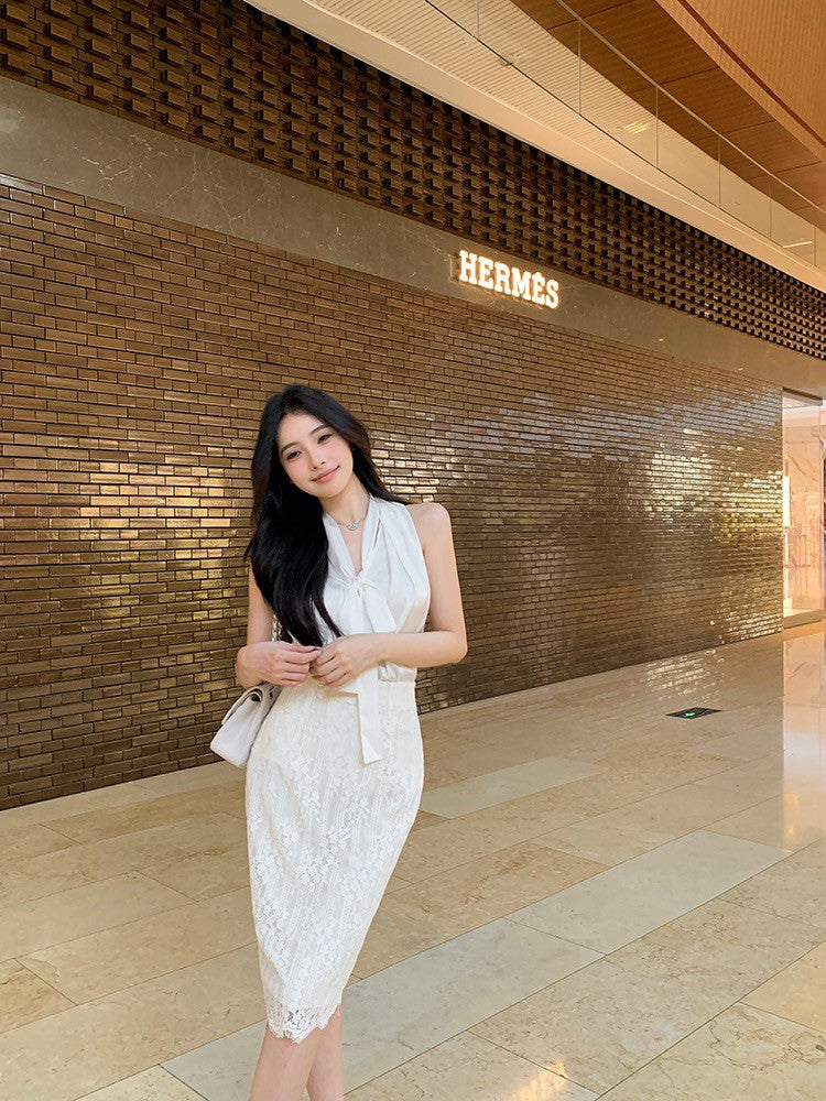 ''Na+''冰島慕斯 氣質法式緞面上衣 蕾絲半身裙