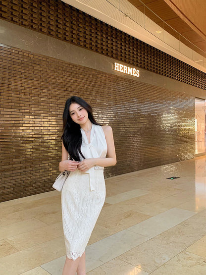 ''Na+''冰島慕斯 氣質法式緞面上衣 蕾絲半身裙