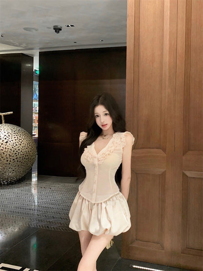 NA+ 中古情話荷葉邊襯衫花苞短褲套裝