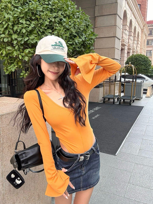 NA+ 性感歐美彈力拉鍊式連體衣 橙色