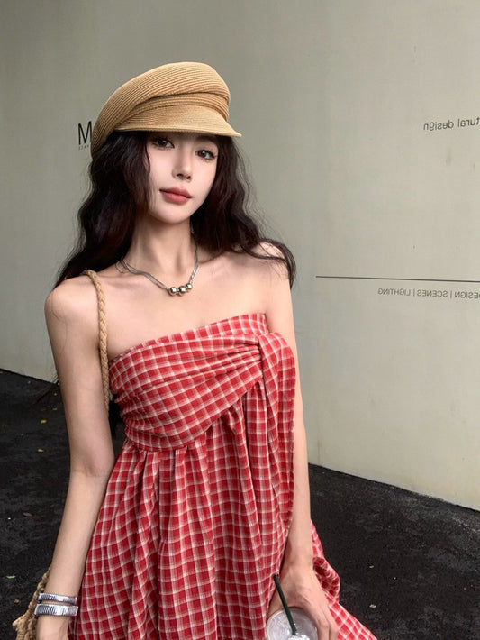 NA+ 野餐計畫3穿中長紅格紋連身裙