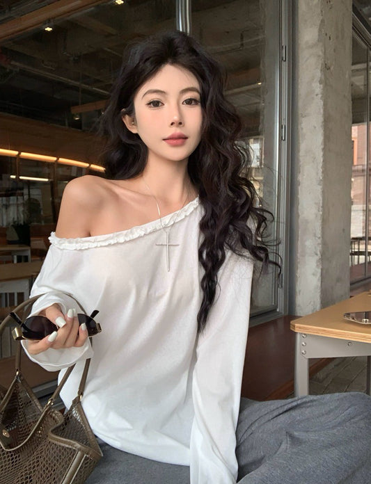 NA+ 推薦款*休閒花邊斜領寬鬆慵懶上衣 白/灰