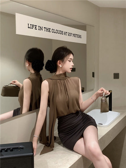 NA+ 溫柔製造 美學飄帶雪紡背心 咖