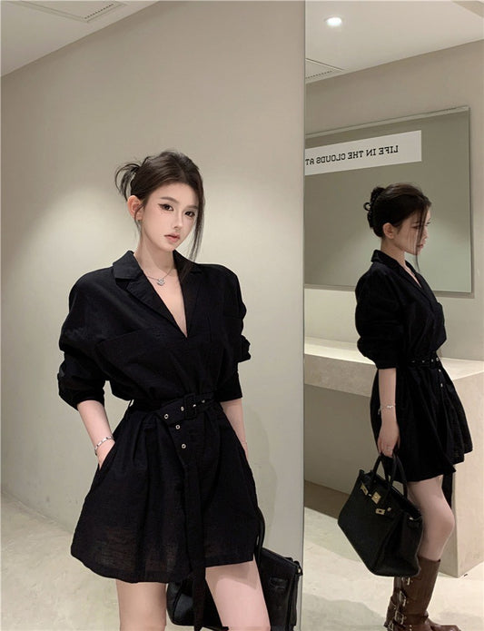 NA+ 韓女極簡主義西式襯衫收腰裙 黑
