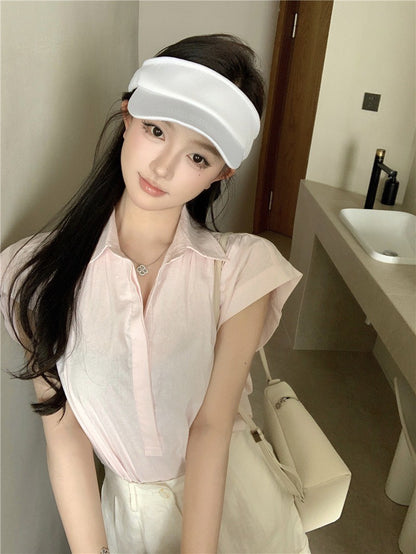 Na+ 簡約鬆弛感小飛袖襯衫 粉 高腰反折白短褲