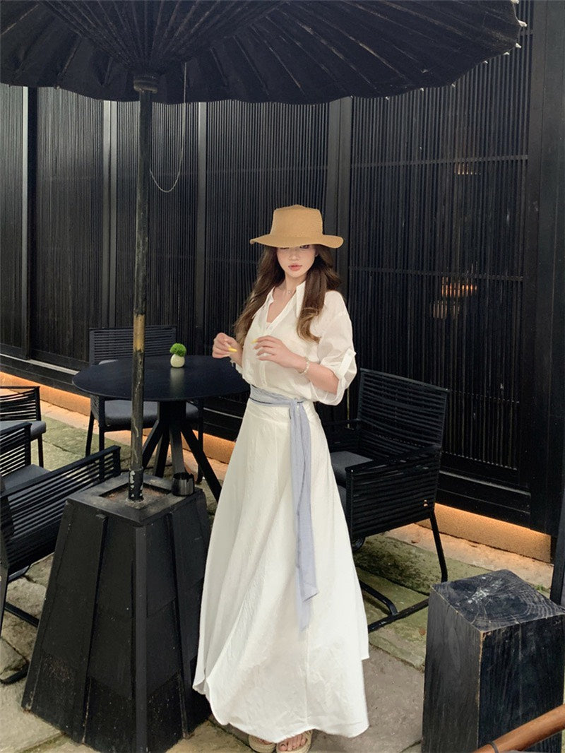 NA+ 老錢度假修身慵懶襯衫/高腰半身裙 白