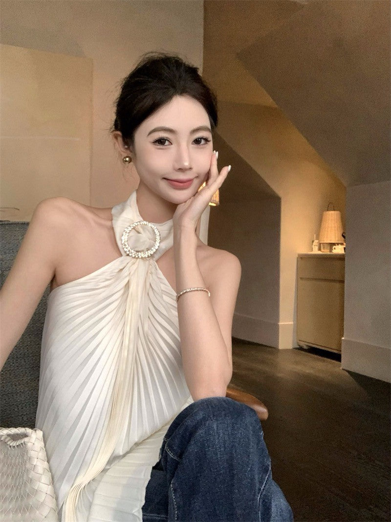 NA+ 頸肩星河壓褶設計掛脖上衣